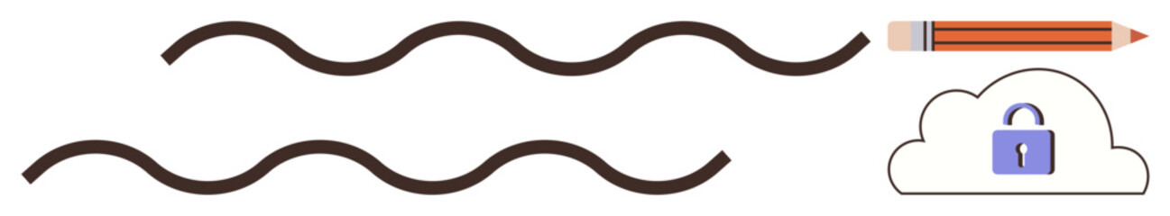 Wavy lines, pencil, cloud with lock representing data flow, encryption, storage, and editing. Ideal for technology, security, cloud computing data protection digital tools privacy simple flat