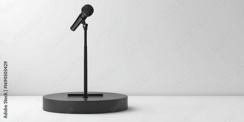 Poster a black microphone stands on a simple black microphone stand, positioned on a circular black base. t