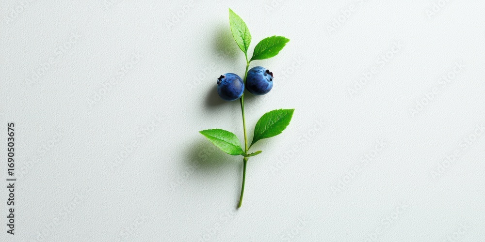 Poster a single blueberry branch with two blueberries and a few green leaves rests on a white surface. the 