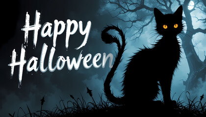 Happy Halloween Black Cat in Foggy Forest Illustration Glowing Yellow Eyes with Leafless Trees and Misty Blue Background Spooky Night Scene with Brushstroke White Text and Eerie Ambience