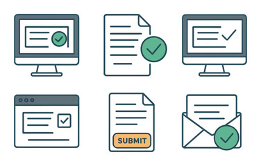 Digital approval icons collection with checkmark and submit buttons