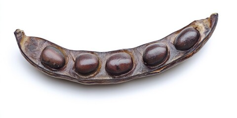 A single, dark brown acacia seed pod is lying horizontally on a white surface. The pod is curved and has five distinct seed compartments, each containing a small, brown seed.