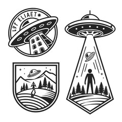 Set of ufo abduction illustrations featuring alien spacecrafts and human isolated on white background © Sadhin07
