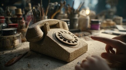 Textured rotary phone sits amid a messy artistic workspace, a hand reaching out to touch the device. Soft lighting highlights the tactile texture