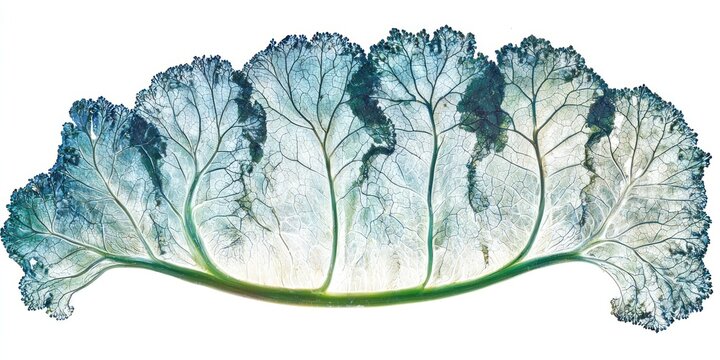 A macro photograph reveals the intricate, fractal-like structure of a head of Lacinato kale, also known as Tuscan kale or dinosaur kale.