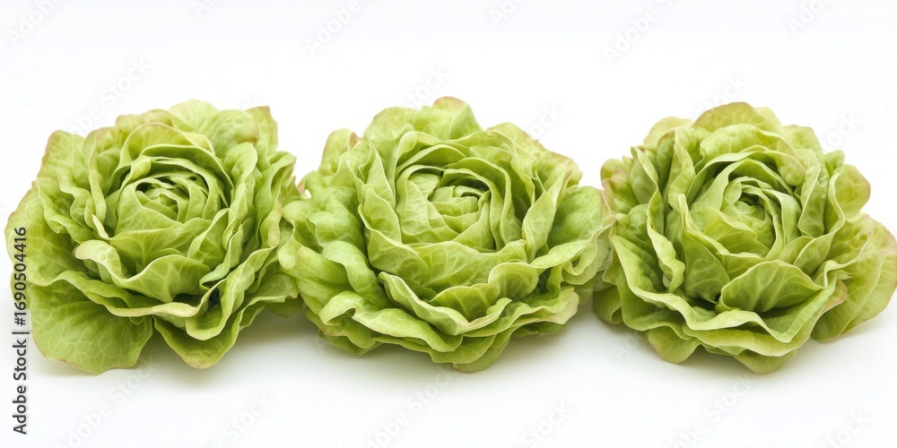 Poster three artificial cabbage roses are arranged in a row on a white surface. the roses have a textured, 
