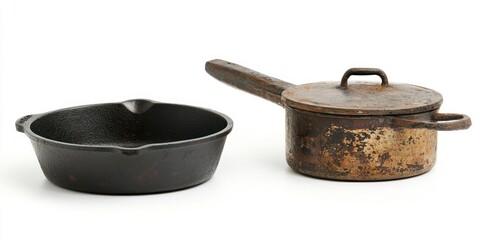 Two cast iron cookware pieces rest on a white surface. A smaller skillet with a handle and a lid sits next to a larger pot with a handle. Both pieces exhibit a dark, weathered