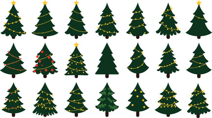 Dark green Christmas trees with yellow and red ornaments, stars, garlands, festive holiday decorations, pine silhouettes, winter vector set