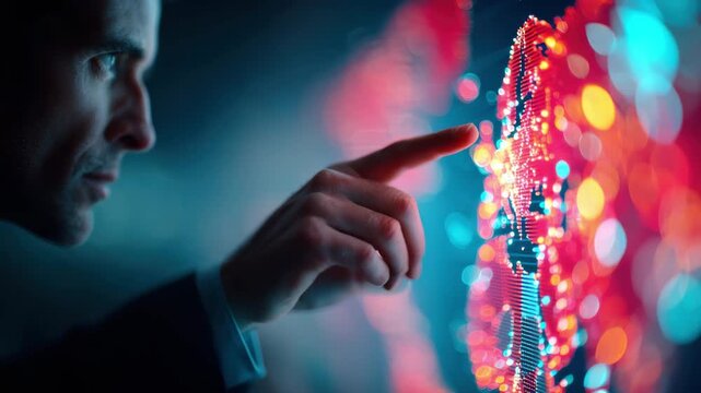 Man interacts with digital interface pointing finger glowing empire map with vibrant red blue lights showcasing advanced
