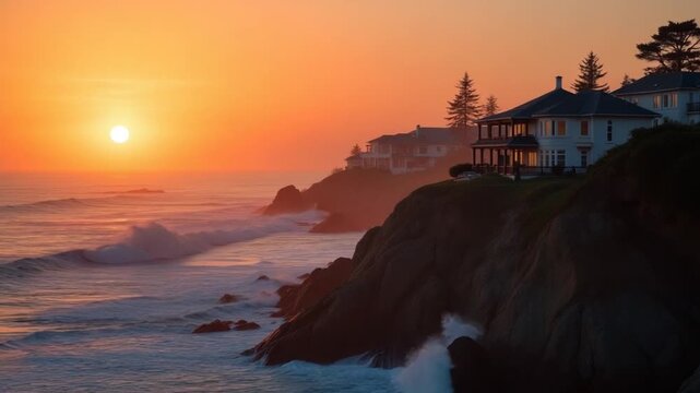 Amazing orange sunset over the Pacific Ocean. Beautiful houses built very close to the rocky shore of California coastline. Vertical video