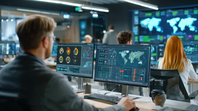 Digital empire control room with people monitoring global data multiple computer screens modern office environment with world