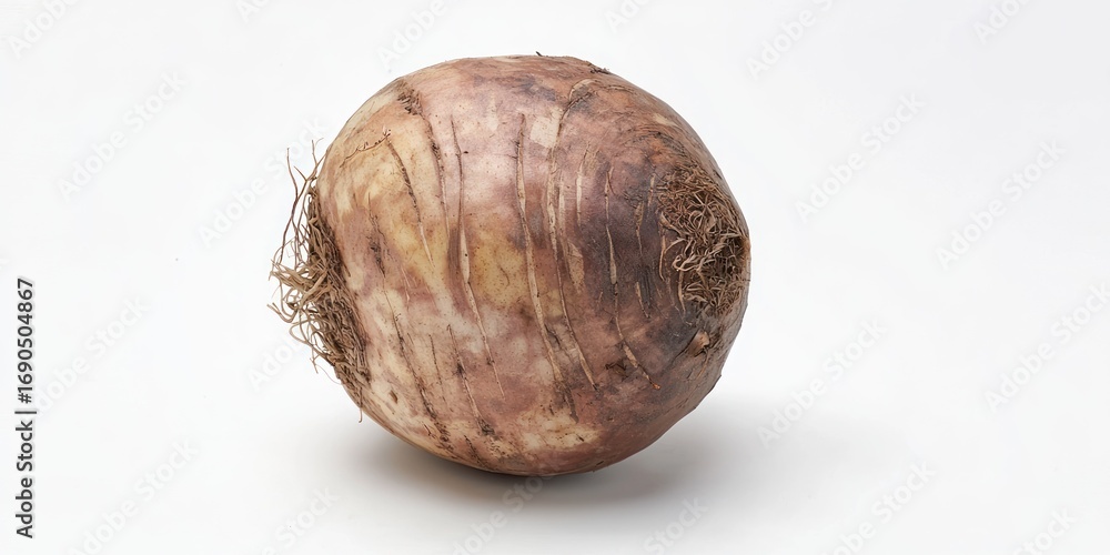 Poster A single, brown onion rests on a white surface. The onion has a rough, textured skin with visible lines and patterns. It has a small root system protruding from the bottom. 