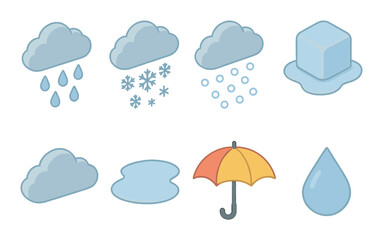 Weather icons: rain, snow, hail, cloud, ice, puddle, umbrella, raindrop