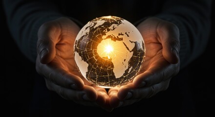 Human hands cradling a glowing globe, symbolizing care and global connection, set against a dark background.