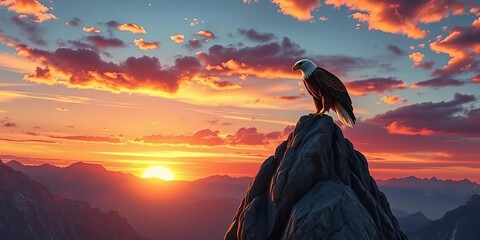 Majestic anime eagle perched on a craggy mountain peak, vibrant sunset backdrop,  mythology, anime