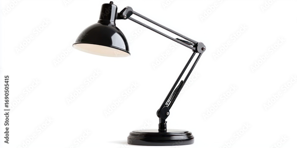 Poster a black desk lamp with an adjustable arm and shade is positioned on a dark base against a white back