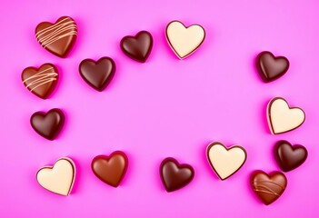 Obraz premium Heart-shaped chocolates arranged on vibrant pink background, romance, gift