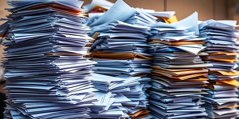 Overwhelming stacks of disorganized office paperwork,  outbox,  table