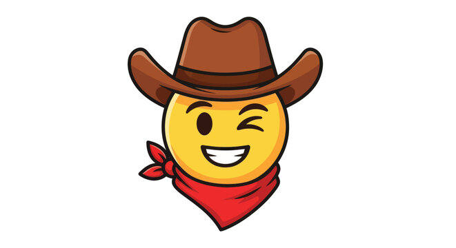 A winking yellow emoji face wearing a brown cowboy hat and a red bandana.