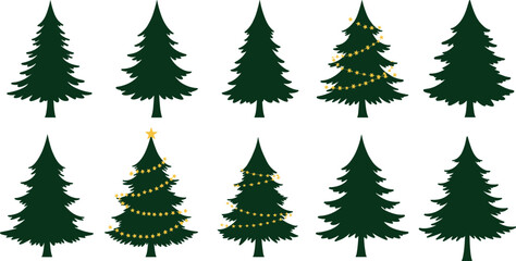Dark green pine trees with gold star garlands, Christmas tree decorations, festive holiday symbols, evergreen silhouettes, winter seasonal icons