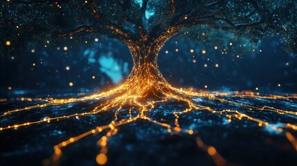 Cybernetic world tree with roots connecting continents and branches glowing like fiber optic networks.