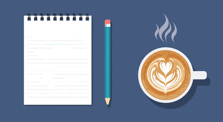 Inspiring morning work session with fresh coffee and blank notebook for ideas and planning