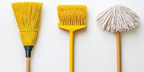 Three cleaning tools â€“ a straw broom, a yellow push broom, and a coconut fiber mop â€“ are arranged side-by-side on a white surface. 