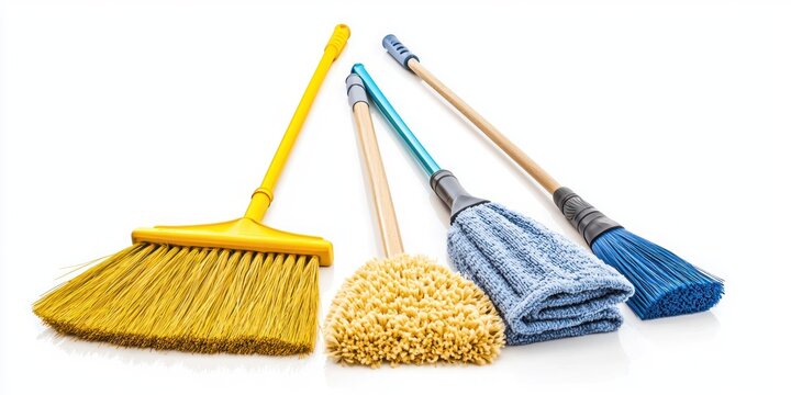 A collection of cleaning tools is arranged on a white surface. A yellow broom with stiff bristles, a blue broom with soft bristles, a sponge mop with a blue microfiber head, a wooden push broom,  - Powered by Adobe