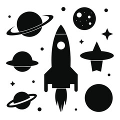 Black silhouette space elements, including planets, rockets, and ufos in a simple style isolated on white background