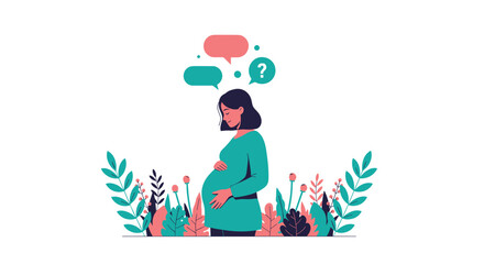 Pregnant woman contemplating future with question marks and speech bubbles amidst floral elements