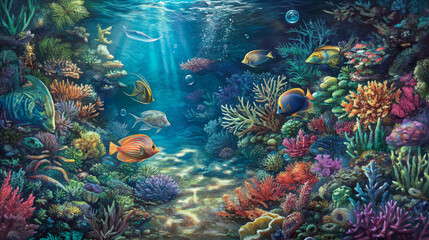 Fototapeta premium Vibrant underwater scene showcases colorful corals and diverse marine life. A tranquil and vivid depiction of a healthy ocean reef.