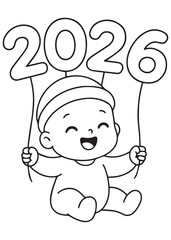 coloring book baby holding large '2026' number balloons, excited for the upcoming year.
