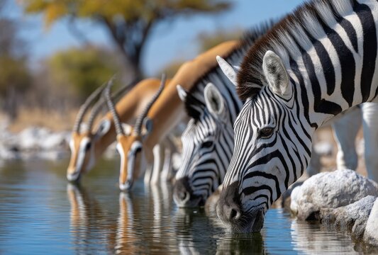 animals drinking at the watering hole in an african savannah, zebras and antelope together near the waterhole