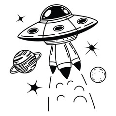 Ufo flying saucer emitting light beams with planets and stars isolated on white background