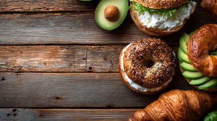 Close up of a fresh bagel topped with creamy cheese and ripe avocado slices, served alongside croissant and avocado halves on rustic wooden background. Perfect image for National Sandwich Day, breakfa