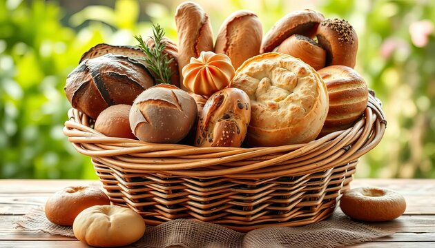 Rustic wicker basket overflowing with assorted freshly baked breads and pastries,   texture,  brown - Powered by Adobe