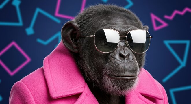 Chimpanzee portrait wearing sunglasses and a pink jacket against a geometric background.