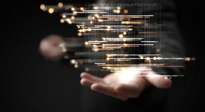 A blurred man in a dark suit holds a floating abstract chart of timelines with glowing light points, emphasizing visualization and technological integration