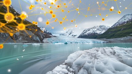 Ethereal Molecular Bonds Radiating Over Melting Glaciers, Golden Anomalous Connections Amidst Ice and Serenity.