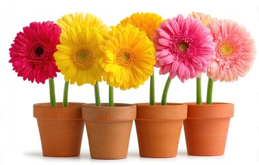Fototapeta premium Colorful gerbera daisies of pink, yellow, and orange fill terracotta pots in a row against a white background, creating a bright, cheerful composition