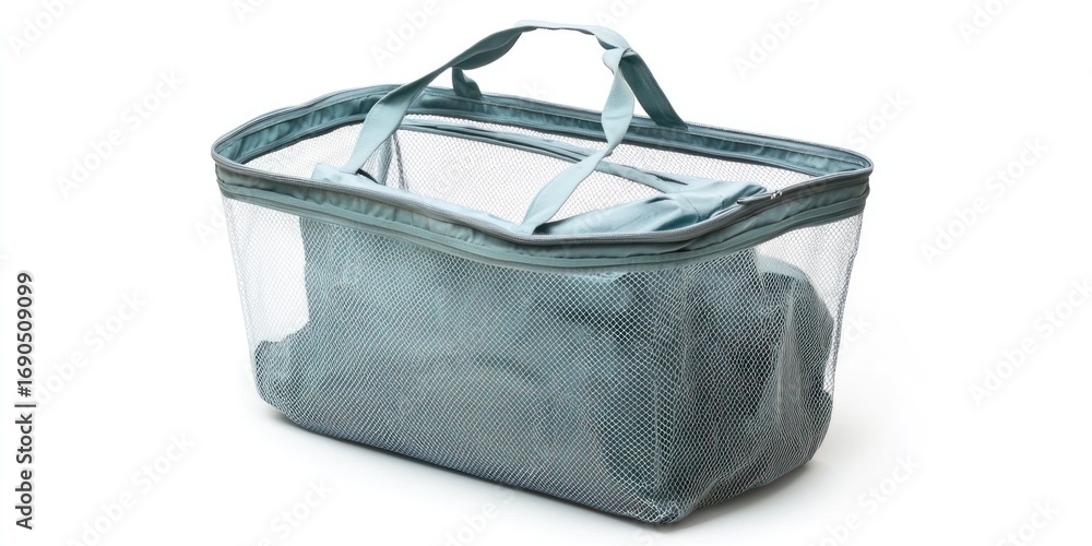 Aufkleber a light blue, rectangular packing cube sits on a white surface. the cube has a clear, mesh window on