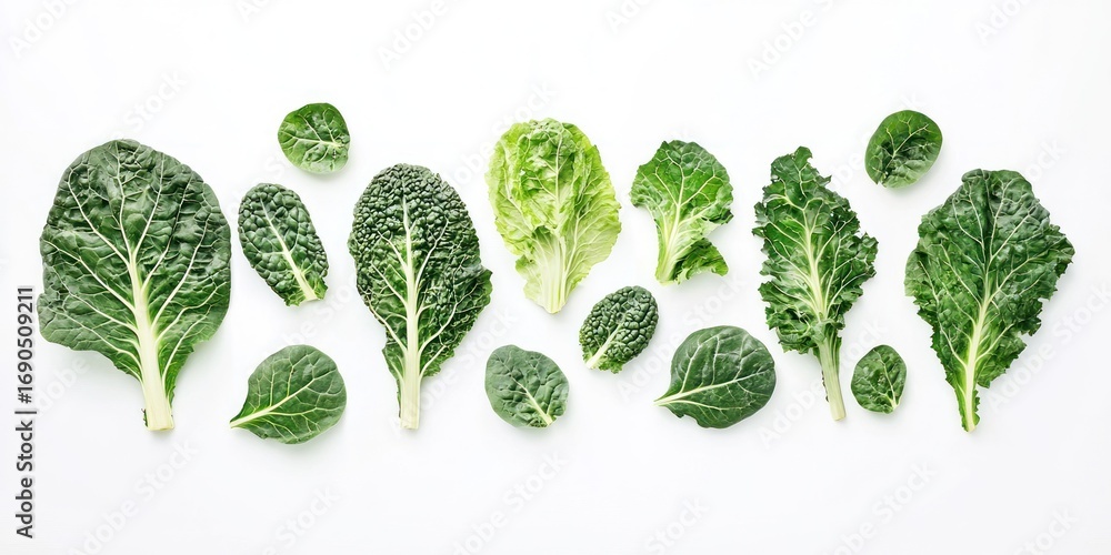 Poster a collection of fresh kale leaves arranged in a row on a white surface. the leaves vary in shape and