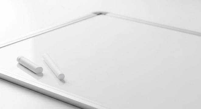 Close-up of blank whiteboard with aluminum frame and two pieces of white chalk, concept for presentation space, educational platform and collaborative workspace