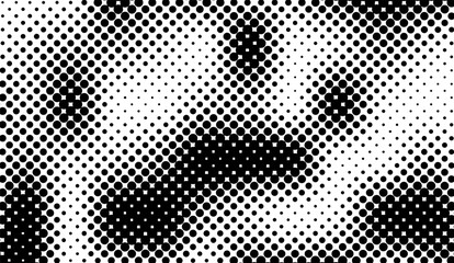 A black and white halftone pattern creates a dynamic background with dense circles contrasting against negative space, offering a retro and abstract aesthetic with varying dot sizes