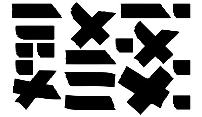 Bold black abstract shapes consisting of rectangles, squares, and cross designs are scattered on a plain white backdrop, creating a striking, modern geometric pattern that is versatile