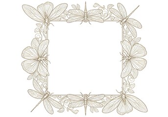 Intricate square frame featuring delicate line art dragonflies, butterflies, and floral elements, an elegant natural border design