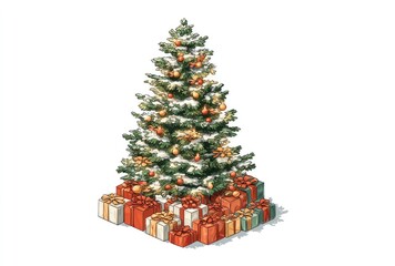 A stylized Christmas tree stands on a white background, adorned with orange ornaments, surrounded by wrapped gifts in red, orange, and cream colors