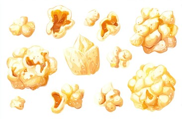 Cartoonish kernels of popped corn, some with sweet glaze, are arranged on a stark white background, showcasing their puffy, uneven shapes and glistening texture
