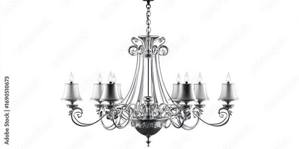 Poster a large, ornate chandelier hangs from a chain, illuminated by multiple candle-like lights. the chand