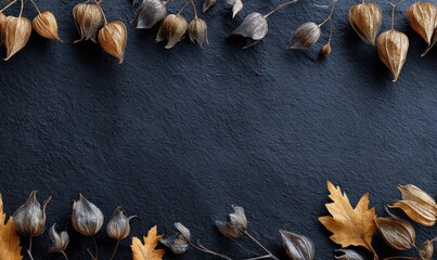 Fototapeta premium A black background with a gold and brown leafy border